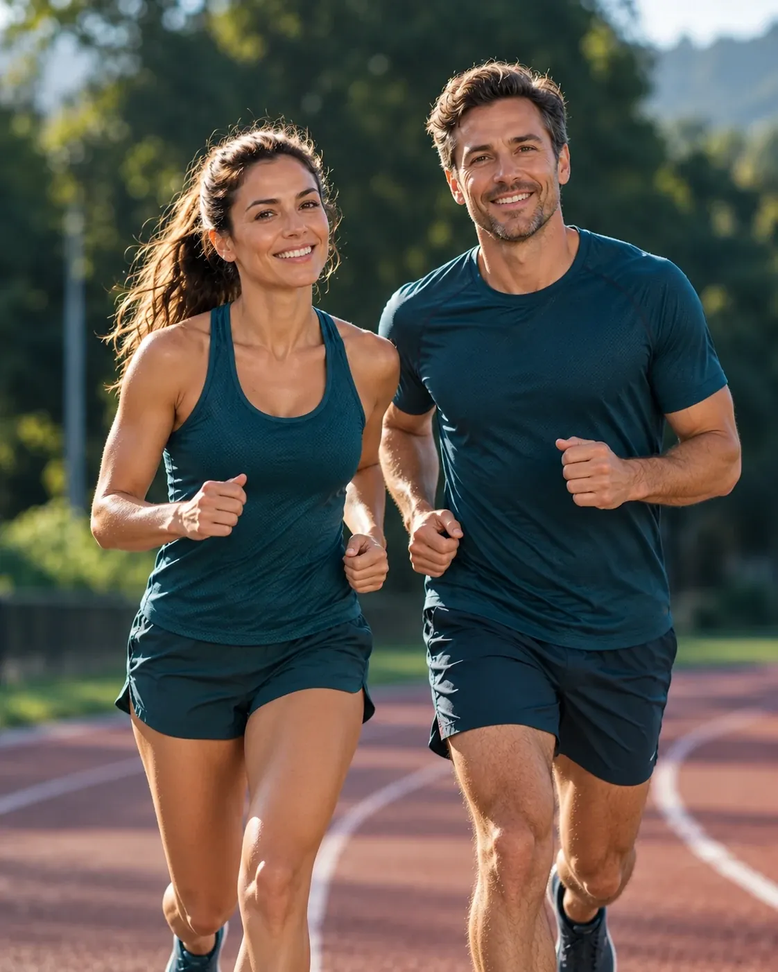 Casal correndo lado a lado em pista ao ar livre. Imagem ilustrativa.